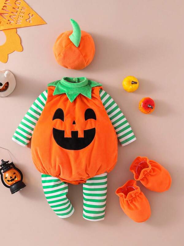 SHEIN Persoplay Kids Conjunto de disfraz de calabaza de estilo lindo para recién nacidos, conjunto de ropa con bordado de cara de calabaza para Halloween