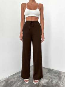 SHEIN Cottnline Women's Solid Color Ribbed Drawstring Waist Knit Pants,Burgundy Trousers - Brown - View 5