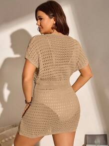 Swim Lushoire V 领纯色针织纹理收腰前系带短袖罩衫