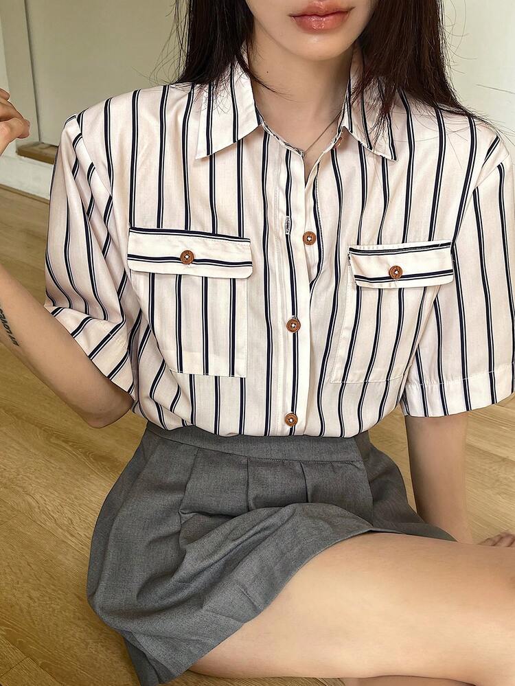 Women's Casual Loose Striped Shirt, Summer Preppy Tops