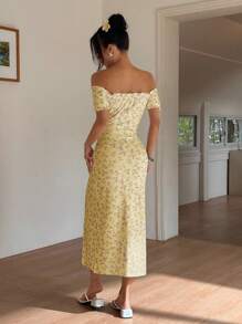 Sunnyshic Vestido de mujer con hombros descubiertos y abertura con estampado floral pequeño
