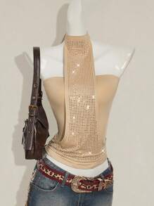 SHEIN ICON Top corto de halter de encaje con apliques de rhinestone y cierre de cordones, top bandeau sexy que se ajusta a la figura