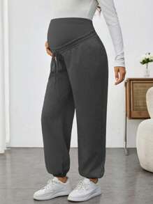 SHEIN Pantalones de maternidad sólidos, cómodos, transpirables, holgados y elásticos - Gris Oscuro - Ver 4