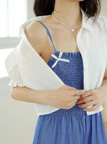 2 Piece Set For Teen Girl White Puff Sleeve Shirt Paired With Fashionable Bow Strap Jumpsuit, Elegant And Versatile Design, Comfortable Fabric, Suitable For Everyday Wear Or Formal Events