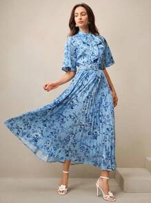 Anewsta 高品质新款时尚蓝色碎花蝴蝶领短袖松紧腰女式摆裙 - 藍色 - 查看 4