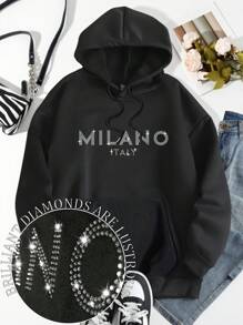 Flirla Plus Size Women's Letter MILANO ITALY Pattern Hot Diamond Decoration Hooded Drawstring Pocket Sweatshirt, Casual Long Sleeve Pullover Sweatshirt, Fall Winter Autumn - Black - View 3
