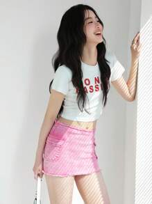 SHEIN EZwear Minifalda de mezclilla para mujer, ajustada y sexy en color rosa, ideal para graduación, vacaciones, conciertos de música country, conciertos, cruceros, estilo "old money" para mujer, salidas, festivales, vacaciones, cumpleaños, veranos lindos - Rosa - Ver 6