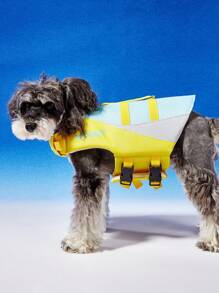 PETSIN Green & Yellow Patchwork Pet Summer Lifejacket With HIPIPET Print Design, Simplified, Comfortable, High Buoyancy, Leash Attachment, Adjustable Pet Life Jacket And Swimsuit