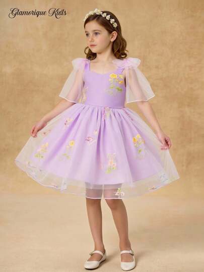 SHEIN Glamorique Kids Robe de princesse pour demoiselle d'honneur en maille violette, robe de fête en tulle maille brodée avec nœud papillon devant, pour mariage, anniversaire, fête, concours de beauté, spectacle sur scène, accessoires photo, convient pour toutes les saisons