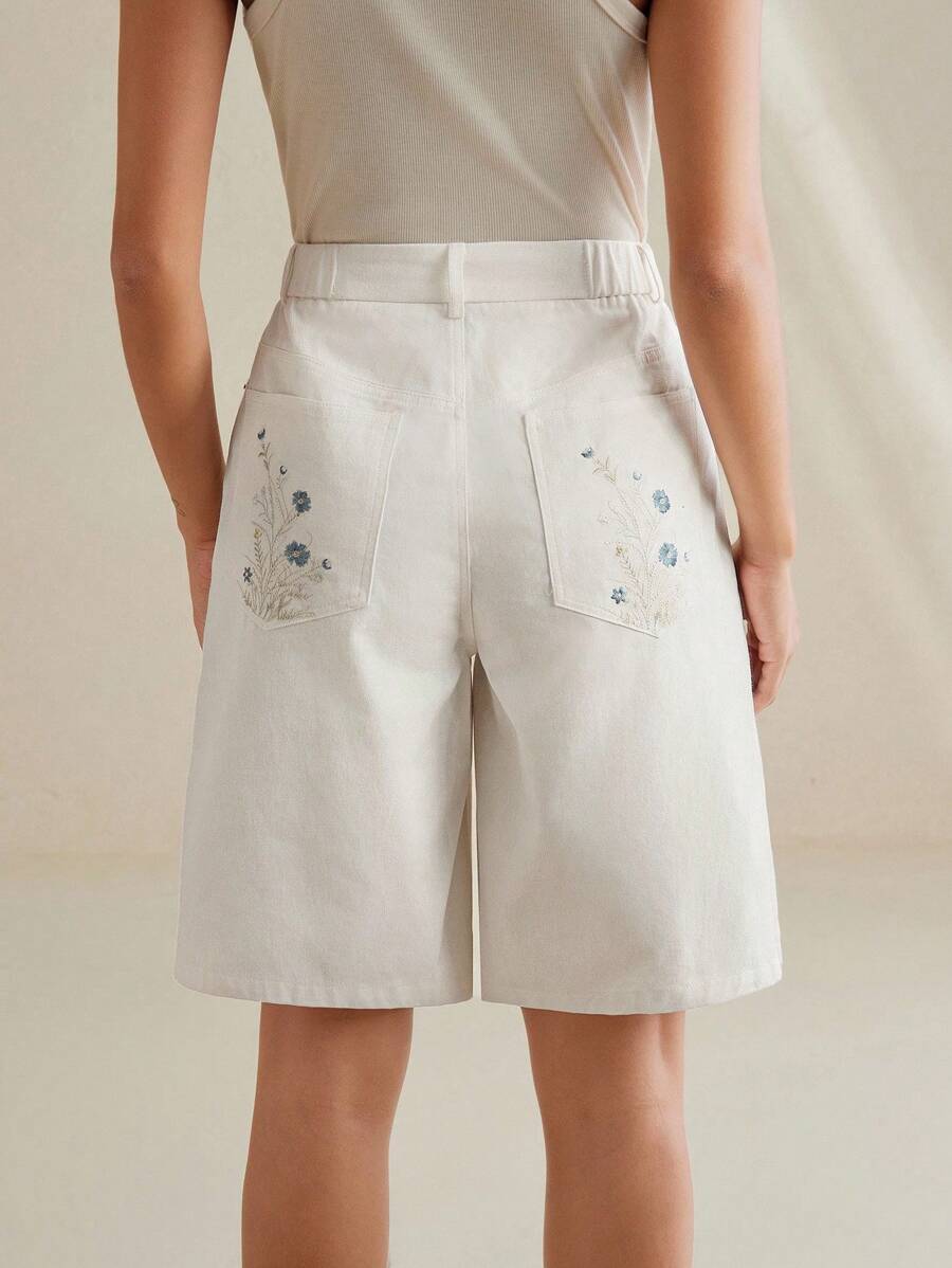Anewsta Short recto suelto con diseño bordado blanco suelto independiente colgante para la primavera/verano de las mujeres - Blanco - Ver 1