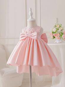 Glamorique Kids 女婴缎面婚礼花童礼服白色大蝴蝶结多层花卉装饰和拖尾，适合生日派对、洗礼 - 粉色 - 查看 3