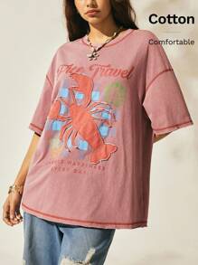 Easelle Áo thun cotton cổ tròn thêu họa tiết tôm hùm dễ thương phong cách Boho thường ngày màu hồng, thời trang mùa hè cho nữ, đồ đi biển - Hồng - Xem 10