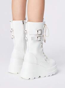 ROMWE 女式黑色圆头厚底哥特朋克系带铆钉中筒靴，万圣节