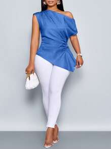 SOLERSUN 女式新款简约优雅牛仔蓝仿牛仔不对称领口褶皱侧抽绳褶皱衬衫