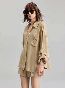 Ontre 2 Pieces Women's Summer Set: Solid Color Long Sleeve Shirt + Shorts, Fashionable, Suitable For Independence Day, St. John's Day, Beach, Vacation, Graduation, Office, Beach Wear, Holiday, Tea Party, Party - Khaki - View 6