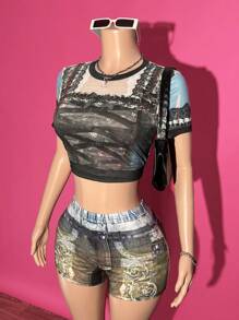 Slaydiva 2025 Summer New Style College Style Back To School Season Birthday Party Student Wear Daily Street Basic Versatile Leisure Vacation Cruise Travel Beach Seaside Sunbathing Popular Online Round Neck Short Sleeve Tight Cut Ladies T-Shirt And Slim Shorts Positioning Printing Summer Suit Ladies Two-Piece Suit