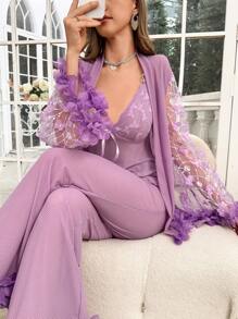 SHEIN 3pcs Women's Sleepwear Set: Embroidered Floral Mesh Splice Camisole Pants And Long Robe