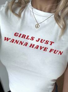 SHEIN EZwear Áo thun bó sát cổ tròn tay ngắn in khẩu hiệu "Girls Just Wanna Have Fun" thiết kế đơn giản & giản dị, phù hợp cho lễ hội âm nhạc, kỳ nghỉ xuân - trắng - Xem 6