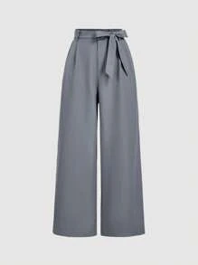 SHEIN MOD 女士宽松休闲灰色系腰阔腿裤，乡村音乐会，可爱，西部装女士，度假，复古，学校，秋季，街头服饰，老钱风格女士，教师，办公室，工作，返校，机场 - 灰色 - 查看 3