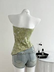 Elamini 透明不对称设计亮片纹理精致优雅短款上衣，夏季 - 綠色 - 查看 2