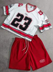 PAVTROS Manfinity Streetrush 男士拼色运动数字印花 T 恤套装 男士街头服饰 男士短裤套装 男士夏季服装 男士短款套装 男士街头服饰、嘻哈街头、男友礼物、男士街头服饰、男士图案套装 - 紅白色 - 查看 1