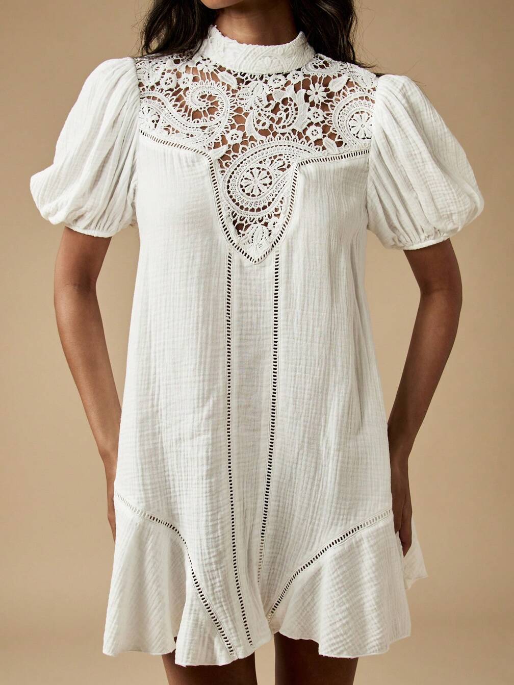crochet lace ruffle dress Noughts & Kisses - Crochet Lace High Neck Ruffle Trim Mini Dress - Women - Polyester - XXS