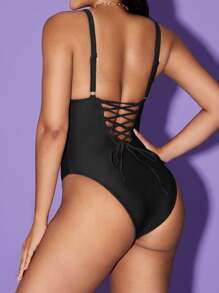 Shapewave 收腹女士聚拢纯色 V 领拼接连体泳衣，棕色大地色，优雅简约，适合度假和海滩，春夏季 - 黑色 - 查看 7