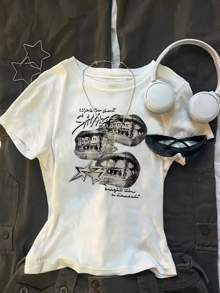 SHEIN 短款青少年女孩短款T恤，运动街头百搭，适合夏季 - 白色 - 查看 1