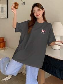 DAZY 2件套可爱木马印花上衣和格子彩色波尔卡圆点睡裤睡衣套装 - 深灰色 - 查看 6