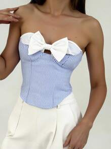 Firerie New Elegant Romantic Bowknot Cropped Top, White And Blue Striped, Fishbone Design, Women Tops For Wedding, Vacation, Date, Containing Cotton - Multicolor - View 12