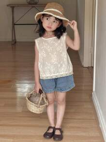 DAZY 女童圆领蕾丝休闲无袖衬衫 - 杏色 - 查看 1