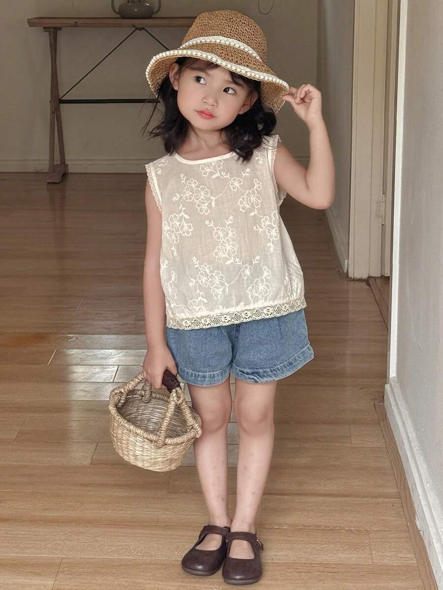 DAZY 女童圆领蕾丝休闲无袖衬衫 - 杏色 - 查看 1