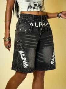 ROMWE Street Life 高街涂鸦印花拉链铆钉装饰复古水洗双腰带宽松女式牛仔裙裤 - 黑色 - 查看 6