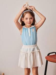 PrepCrw Kleine Mädchen Zweiteiler im Farbblock Design mit ärmelloser Bluse und Mini-Rock, Preppy Stil - Blau-Weiß - Übersicht 7