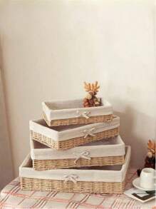 Desktop Storage Box For Cosmetics, Keys, Snacks, Table Clutter, Living Room, Entrance, Household Rattan Storage Basket, Woven Frame - apricot bow - View 11
