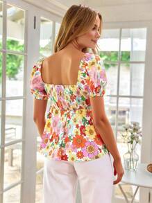 SHEIN VCAY 女式甜心领泡泡袖花卉印花雪纺衬衫，春夏度假风，度假风格，梭织图案印花，休闲夏日度假女士，波西米亚海滩度假，波西米亚风，乡村音乐会，节日庆典，海滩，夏季，复古风女士，毕业典礼，女士生日上衣