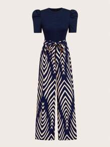 Ellevyn 女士优雅树叶印花系腰系袖连体裤，适合度假和外出，夏季 - 寶藍色 - 查看 6