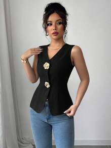 Blusa exterior con cuello en V ajustada con decoración de botones dorados con rosas - Negro 2 - Ver 5