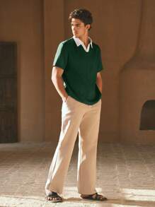 HIMLAND 男士梭织休闲宽松短袖 POLO 衫，年轻时尚，适合日常穿着，绿色针织衫，男士针织衫，翻领针织衫，绿色翻领衬衫，针织上衣，男士针织上衣，绿白衬衫，针织 Polo 衫，旧款