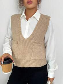 Rafferiza Pull sans manches à col V de couleur unie avec poche pour femmes - Kaki - Voir 4