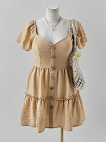 Sunspun Plus Size Square Neck Faux Linen Ruffle Hem Dress Boho - Yellow - View 3