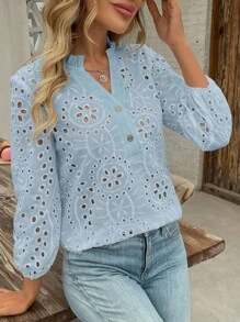 SHEIN LUNE Women V-Neck Ruffle Trim Button Embroidery Hollow Out Long Sleeve Casual Linen Blouse - Baby Blue - View 4