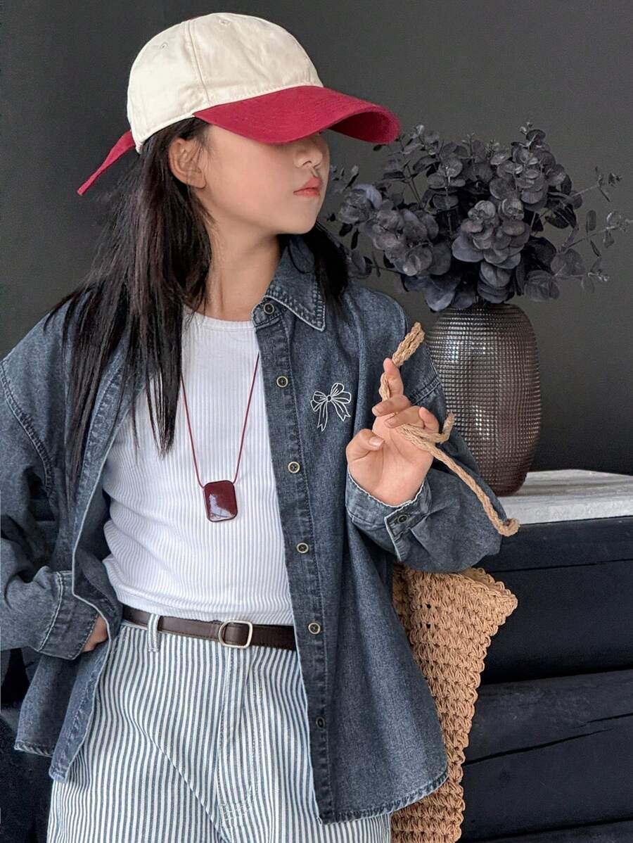 Dazy Kids 女童牛仔上衣，有领子、蝴蝶结和刺绣细节，女童秋季服装 - 藍色 - 查看 1