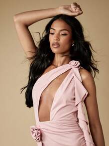 MISSGUIDED One Shoulder Ruched Mini Dress With Rosette Detail Evening Party Wedding Guest Cocktail Bodycon Dress Ruffled Side Detail Flattering Party Wear