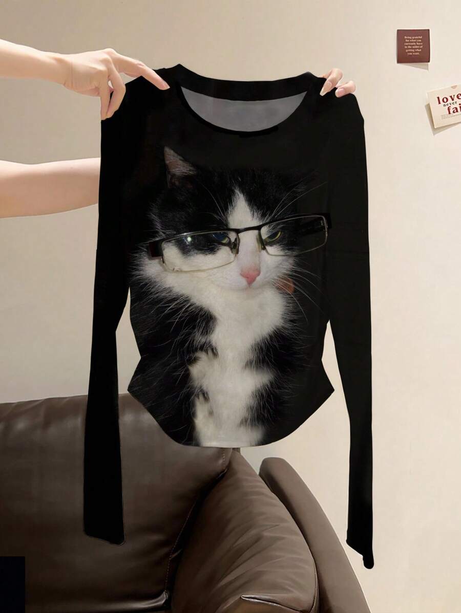 SHEIN Women's Casual Cat Print Long Sleeve T-Shirt, Suitable For Spring & Autumn Fall Cloth For Women - Black - View 1