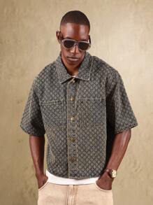 SUMWON قميص جينز بأكمام قصيرة وأزرار نمط أحرف كاجوال صيفي، ملابس شوارع، فيت مربع، موضة فينتاج ملحوظة