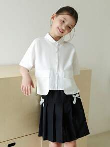 SHEIN Tween Girls' Summer Casual Solid Color T-Shirt With Bow Decor And Pleated Skirt Set - White - View 6