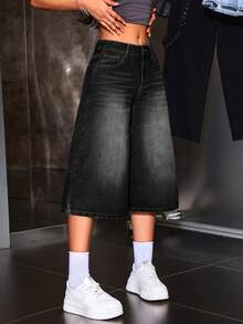 SHEIN ICON 女式休闲低腰阔腿七分宽松牛仔裤 - 深灰色 - 查看 2