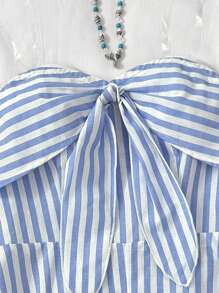 SHEIN Teen Girls Vintage Fashion Holiday Strapless Bow Decor Twist Knot Backless Blue And White Striped Textured Fabric Casual Romper, Summer Clothes, Beach Vacation Outfits, Rave Outfit, Vacation Outfits/ Girls Summer Romper/ Striped Romper Girls Blue And White Romper/ Baby Girl Summer Romper/ Strapless Romper - Blue and White - View 4