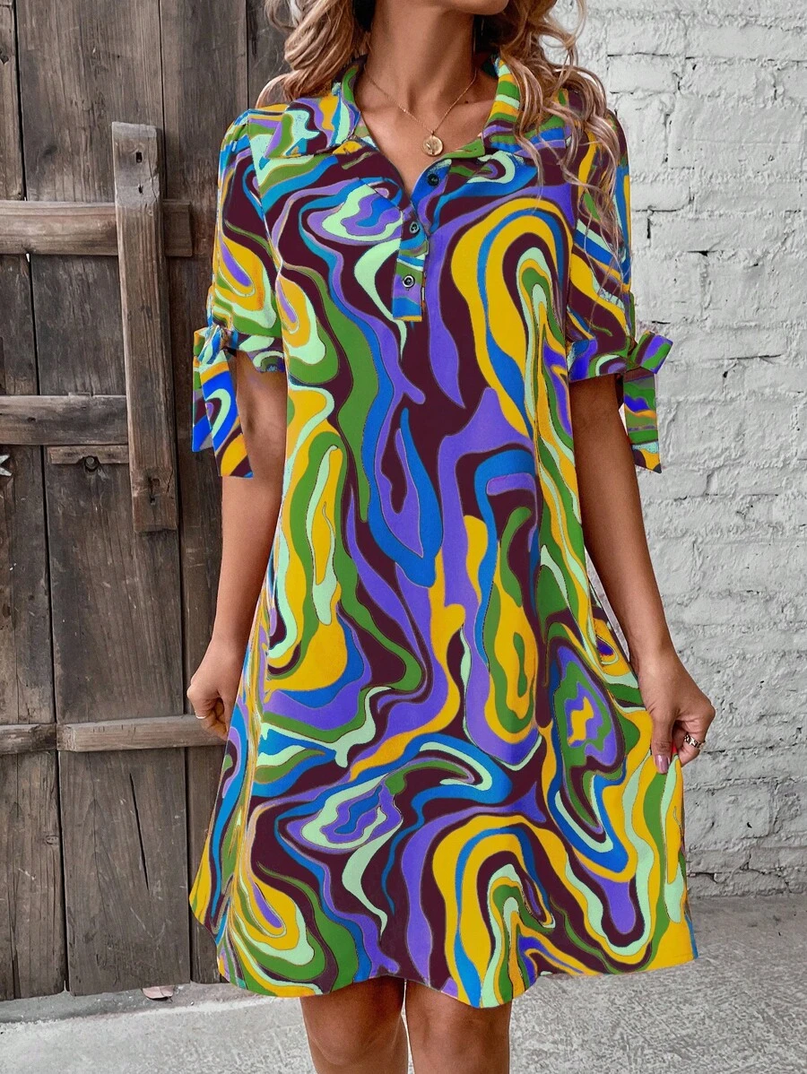 Women's Marble Print Short Sleeve Loose Polo Collar Casual Vacation Dress - Multicolor - View 1